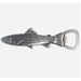 Silver fish-shaped bottle opener on a white background