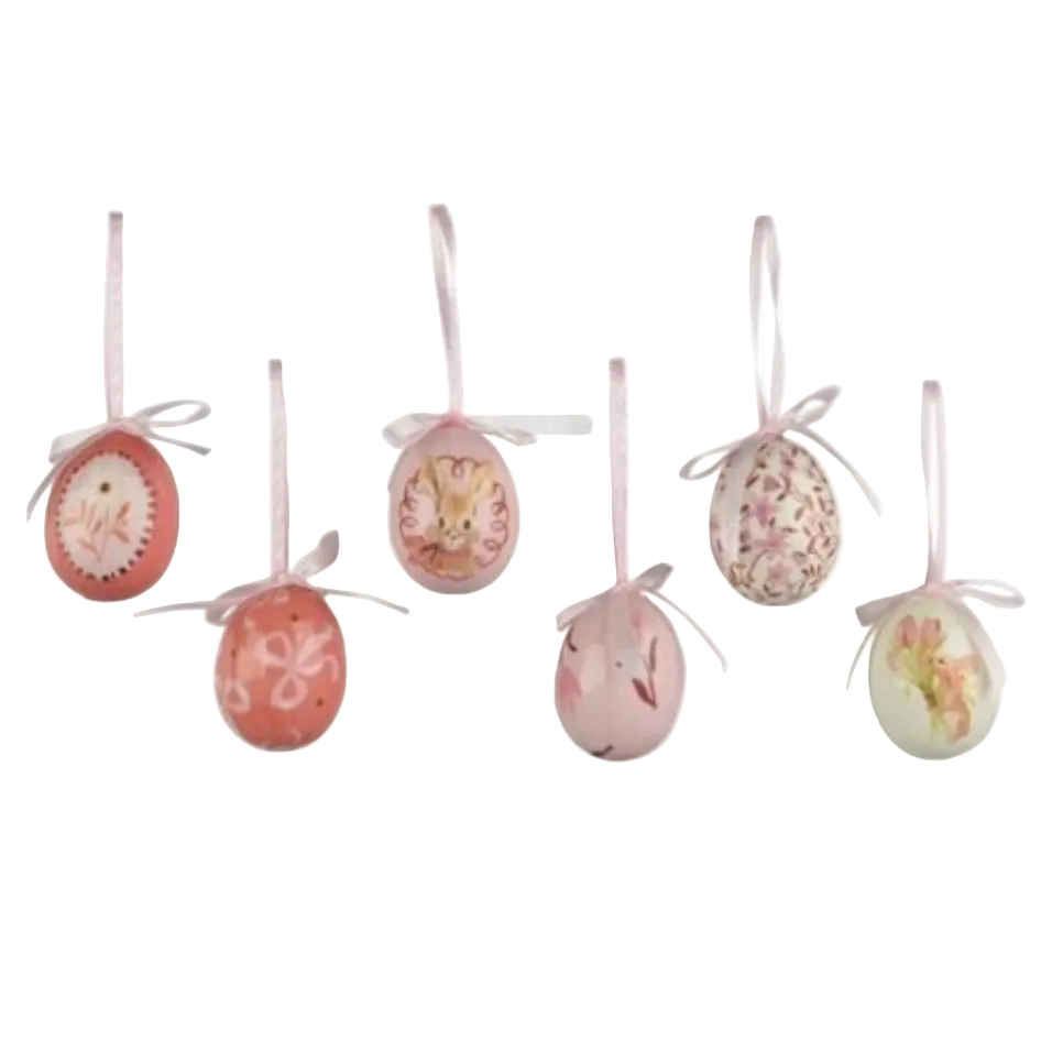 Set of six assorted hanging Easter egg decorations, on a white background