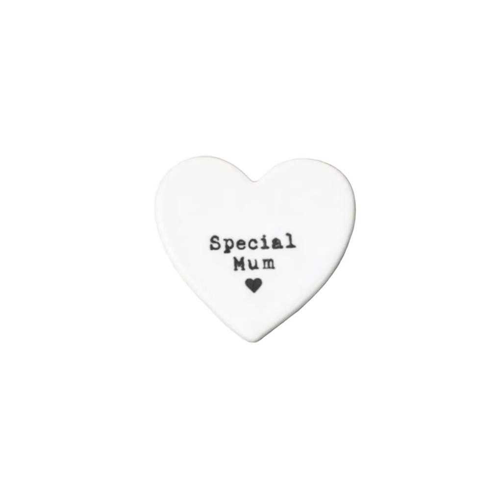 Heart-shaped ceramic ornament with 'Special Mum' text on a white background