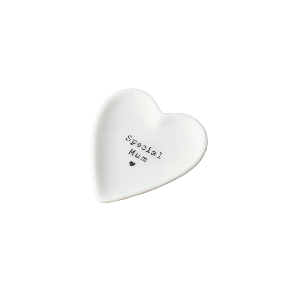 Heart-shaped ceramic dish with 'Special Mum' text on a white background