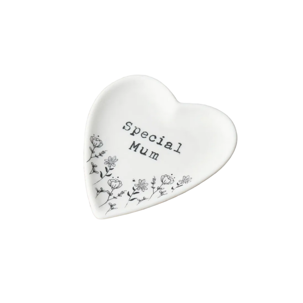 Heart-shaped ceramic dish with 'Special Mum' text on a white background