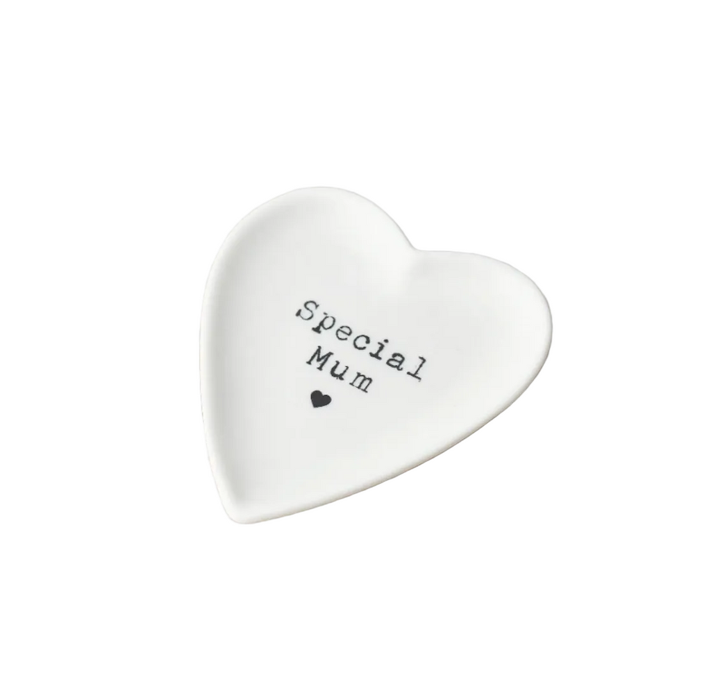 Heart-shaped ceramic dish with 'Special Mum' text on a white background
