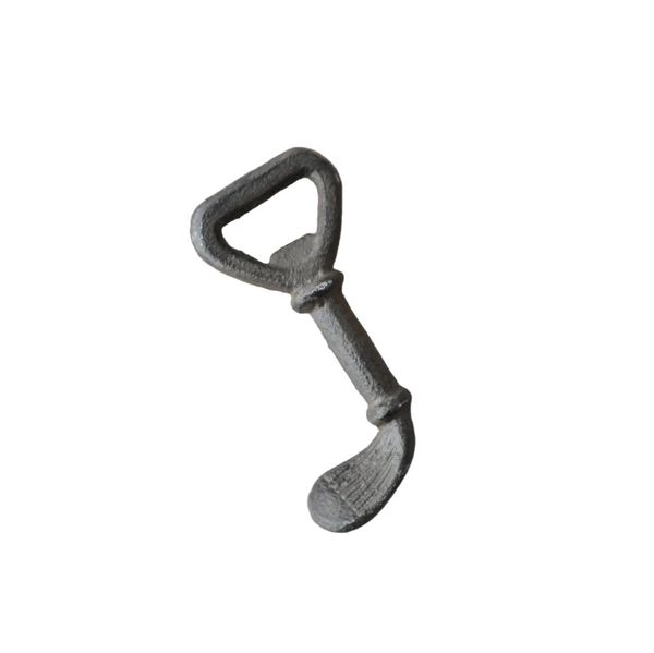 Cast iron bottle opener in a golf club design on a white background