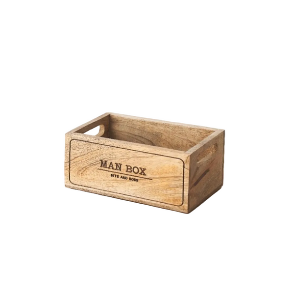 Wooden box labeled 'Man Box' on a white background