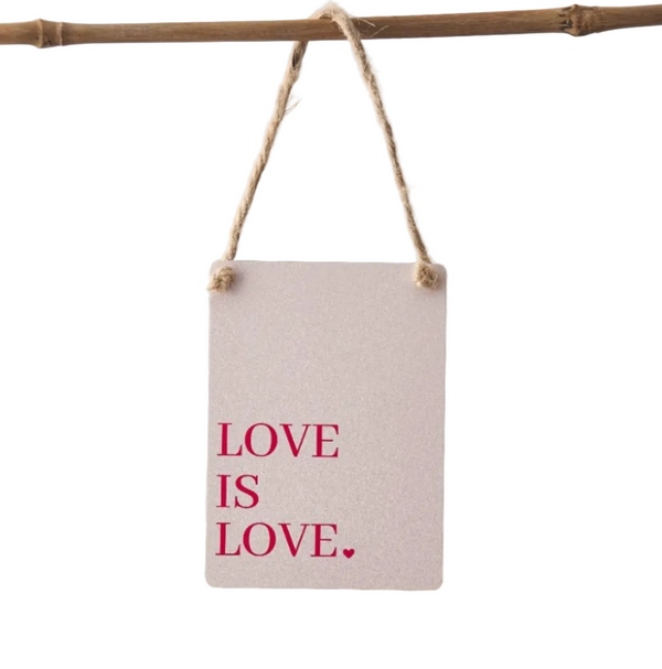Fabric sign with 'LOVE IS LOVE.' text hanging on a branch against a white background