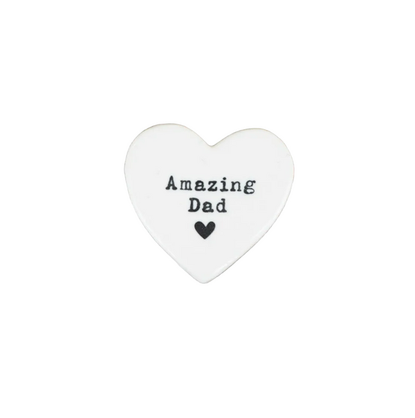 Heart-shaped ceramic tag with 'Amazing Dad' text on a white background