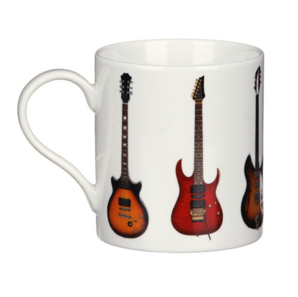 It is a white ceramic mug featuring a wrap-around design of six unique electric guitar models on a white background