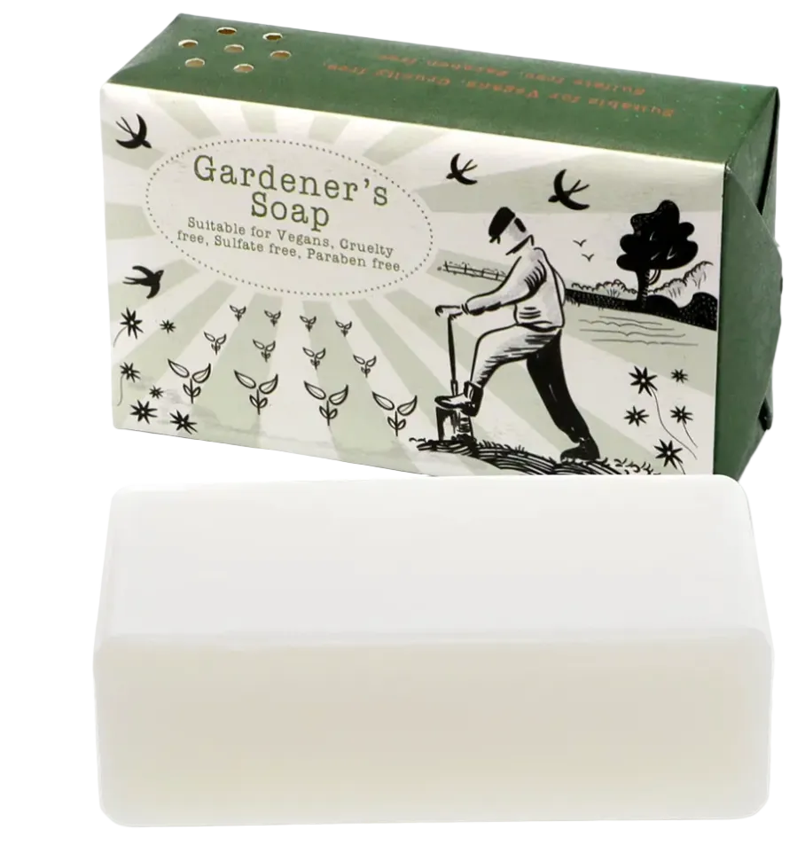 Gardener's soap with packaging featuring a illustration of a gardener and nature elements on a white background.