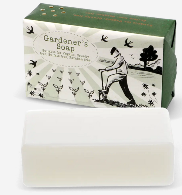 Gardener's soap with packaging featuring a illustration of a gardener and nature elements on a white background.