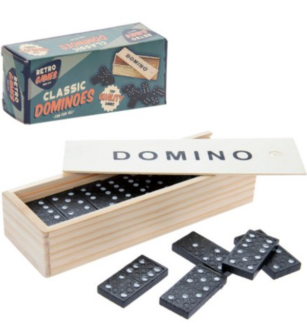 Wooden domino set with black tiles and a retro-style box on a white background.