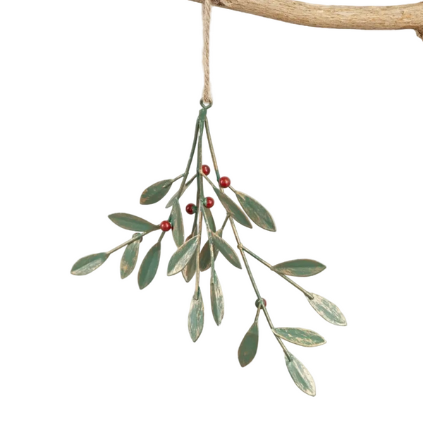 Hanging mistletoe with red berries on a branch against a white background