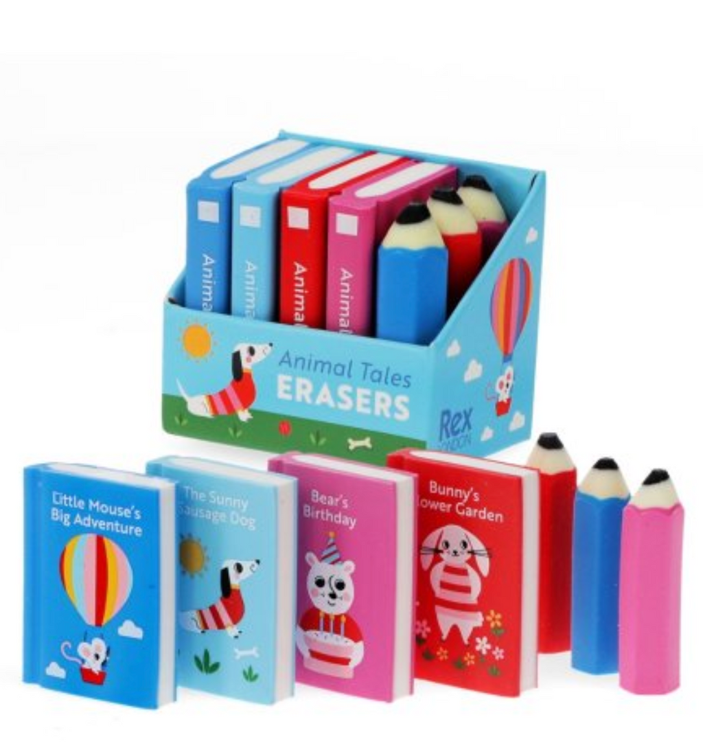 Set of animal-themed erasers in a display box with colorful covers and cartoon designs.