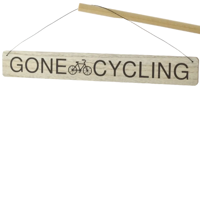 Wooden sign with 'GONE CYCLING' text and bicycle icon on a white background