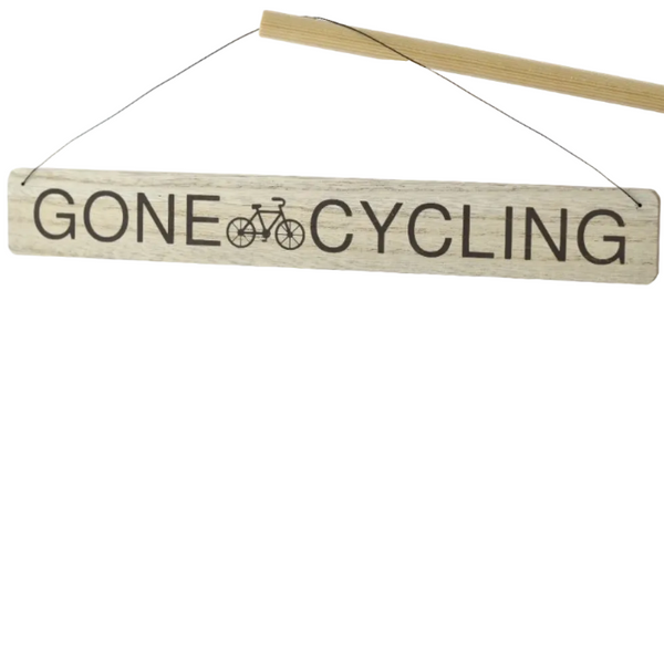 Wooden sign with 'GONE CYCLING' text and bicycle icon on a white background