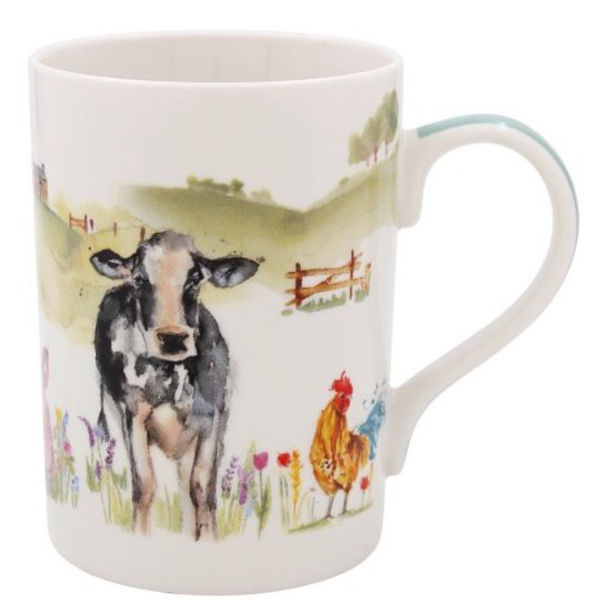 Mug with a cow and rooster design on a farm scene