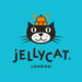 Jellycat logo with a black cat face and orange bell on a blue background