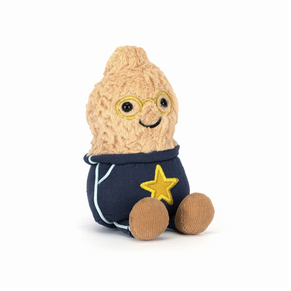 Plush toy resembling a peanut character with glasses and a star on a white background