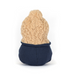Small plush toy with a beige knitted hat and navy body on a white background
