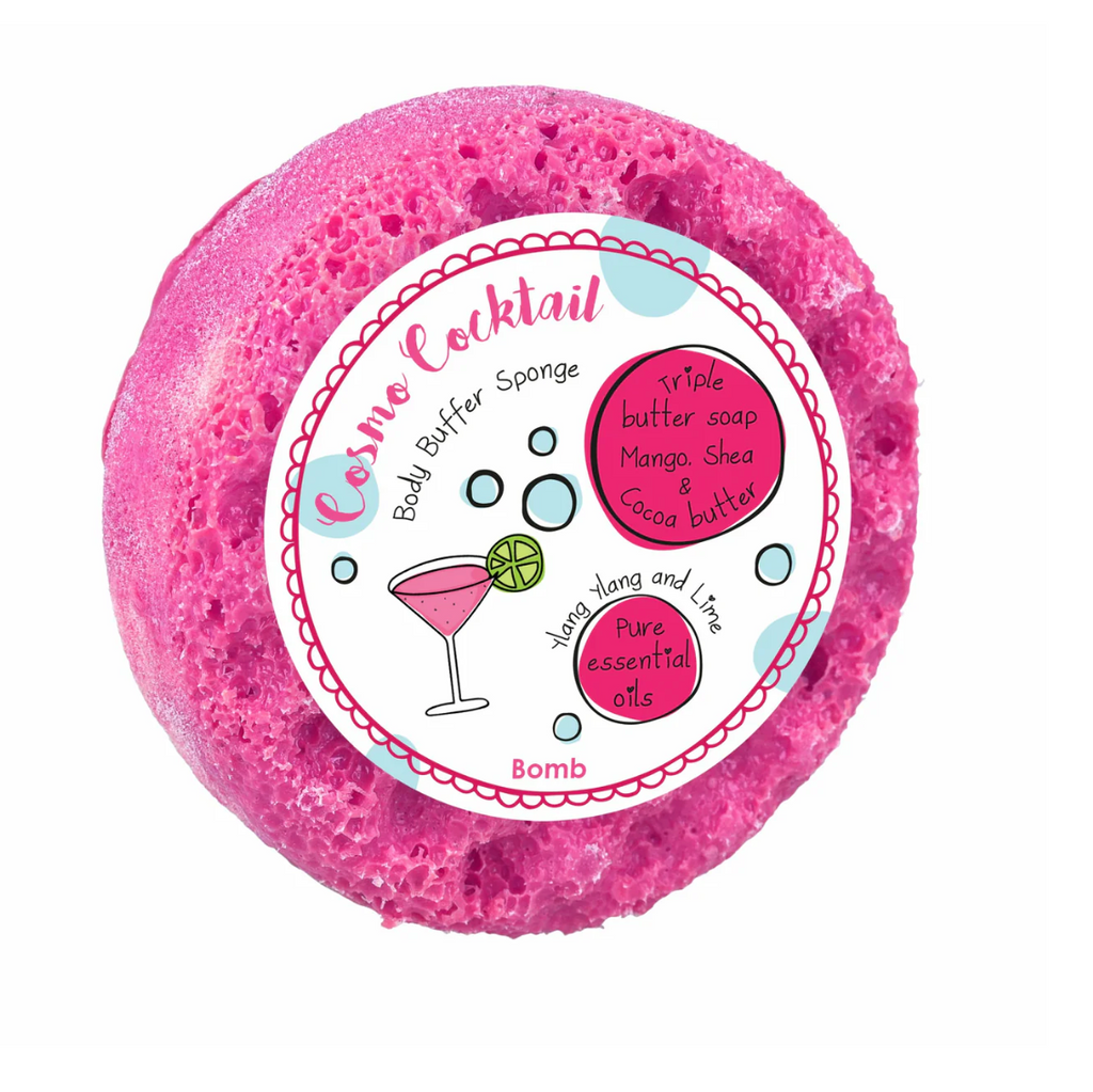 Pink body butter sponge with a label on a white background