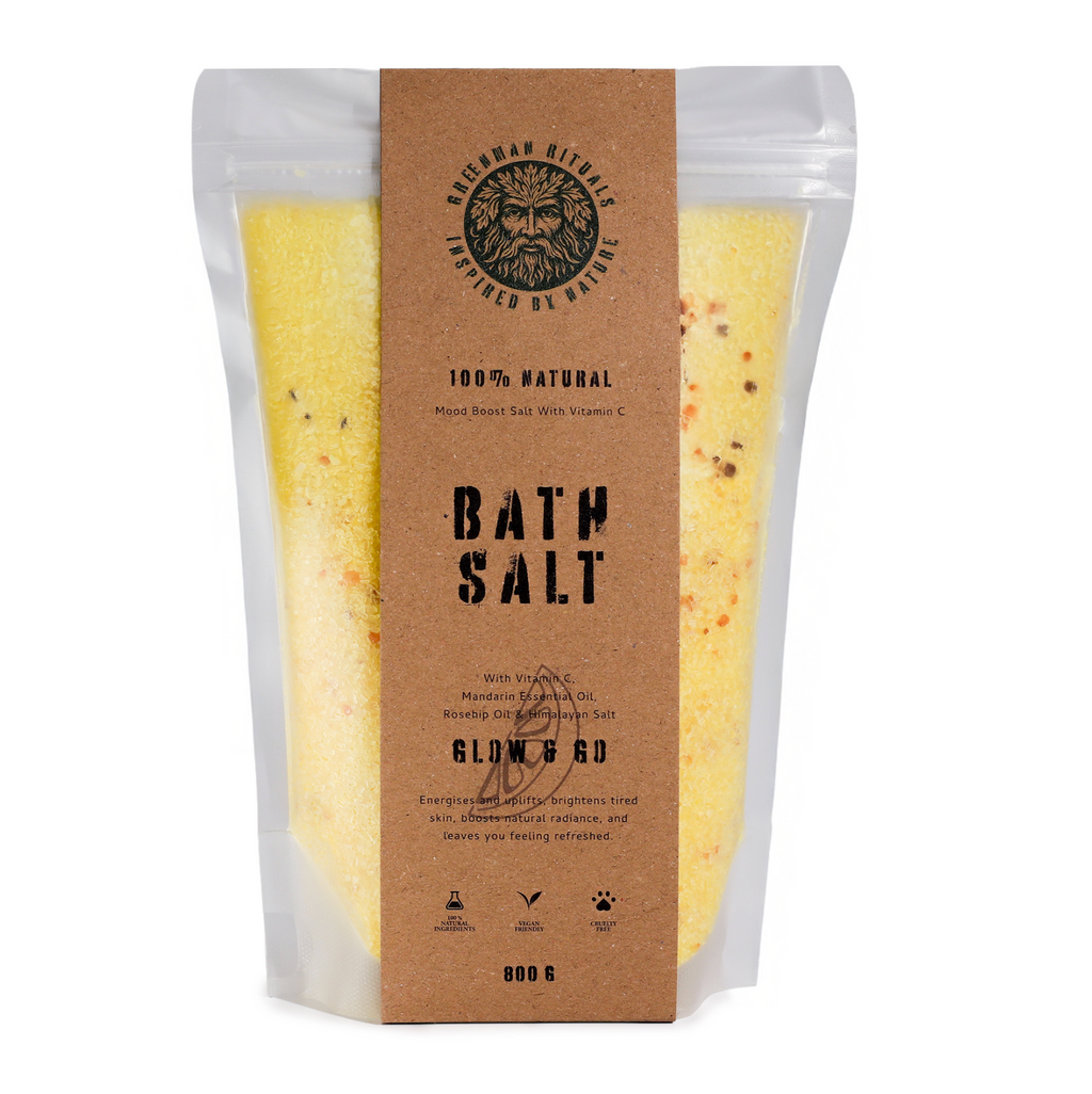 Packaged bath salt with brown label on a white background