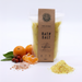 Bath salt package with oranges and bath salts on a white background