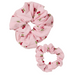 Set of two pink scrunchies with cherry pattern on a white background