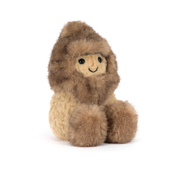 Plush toy resembling a creature with a hood on a white background