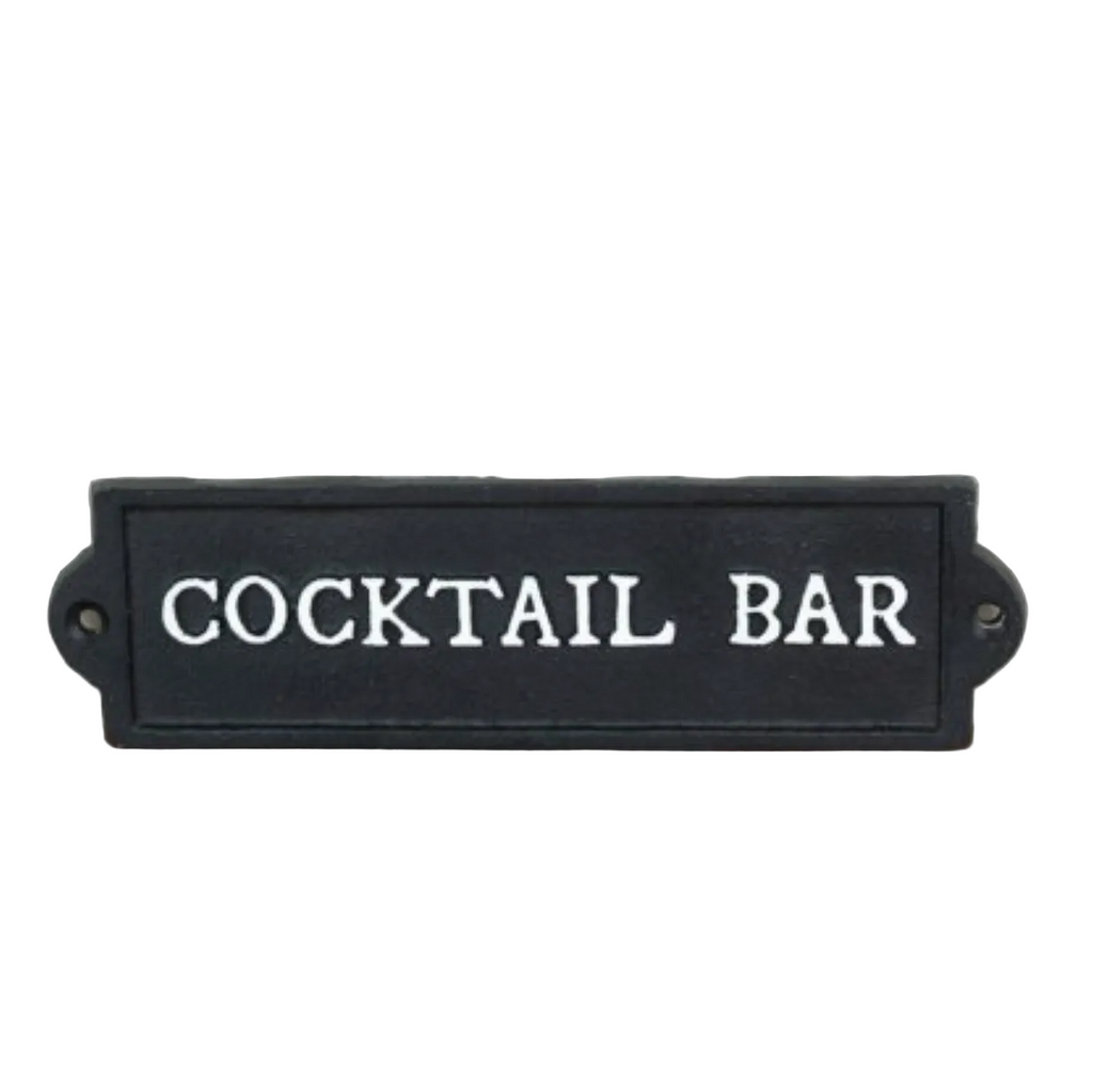 Black sign with 'COCKTAIL BAR' text on a white surface