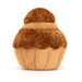 Stuffed toy resembling a cupcake with brown and beige layers on a white background