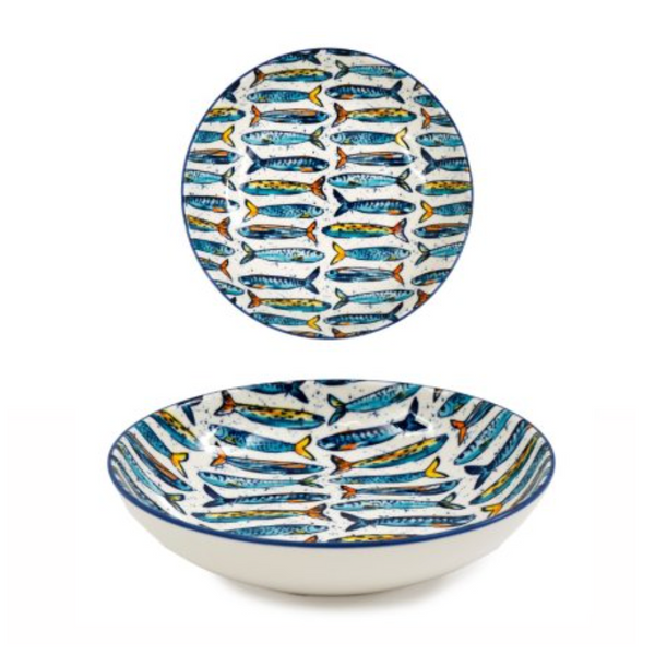 Two ceramic bowls with fish pattern on a white background