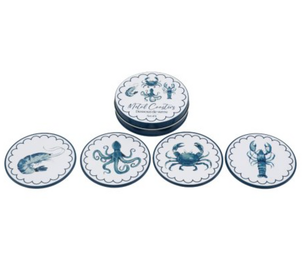 A set of round coasters with scalloped edges, featuring blue sea life illustrations including a shrimp, octopus, crab, lobster, and a central stack coaster with nautical text, shown on a plain white background.
