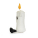 A white ribbed plush candle toy with a yellow-orange flame, a black embroidered eye, and a black foot, photographed on a clean white background.