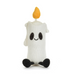 A white ribbed knit plush candle toy with a yellow flame on top, black embroidered eyes and mouth, and black feet, shown on a plain white background.