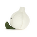 A knitted garlic-shaped plush toy in off-white with a dark green stem and small black embroidered eyes, photographed on a clean white background.