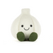 A knitted garlic plush toy in off-white with dark green feet and a simple black embroidered smiley face, photographed on a clean white background.