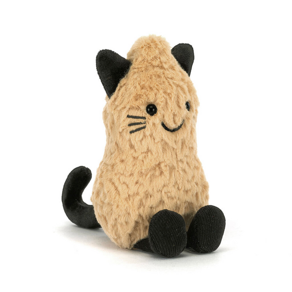 A plush cat toy in a textured beige fabric with black ears, paws, and tail, featuring embroidered black eyes, whiskers, and a smiling mouth, set against a plain white background.