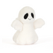 A small white plush ghost toy with black embroidered eyes and a simple smile, photographed on a clean white background.