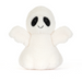 A small white plush ghost toy with black embroidered eyes and a simple stitched smile, centered on a clean white background.