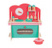 A colorful wooden toy kitchen set with a play stove, utensils, pretend food, and accessories, photographed on a clean white background.