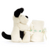 A plush black-and-white puppy toy sitting next to a cream-colored baby blanket tied with a white ribbon printed with the Jellycat brand.