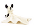 A plush puppy security blanket featuring a cream-colored plush dog with black ears, paws, and nose, attached to a soft cream-colored blanket, set against a plain white background.