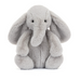 A light gray plush elephant toy with floppy ears, a long trunk, and small black eyes, photographed against a clean white background.