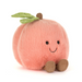 A plush peach toy with a soft pink body, green leaves on top, a small brown stem, embroidered black eyes and smile, and brown corduroy feet, photographed on a clean white background.
