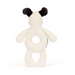 A plush baby teething toy shaped like a bear, shown from the back. The toy is made of soft off-white plush fabric with black ears and a circular ring in the center of the back, photographed on a seamless white background.