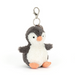 A plush penguin keychain with a gray and white body, orange beak and feet, and a silver metal clasp on a white background.