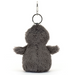 A small gray plush penguin keychain shown from the back, featuring a soft fuzzy body, small arms, a black ring, and a silver metal clasp on a plain white background.