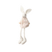 A white felt rabbit doll wearing a cream dress with small pink floral print, against a white background.