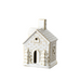 A small ceramic house-shaped candle holder or ornament with a textured off-white and beige brick-like pattern.