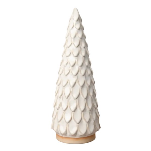 A small decorative ceramic Christmas tree with a textured, scale-like pattern in an off-white glaze, against a plain white background.