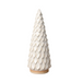 A small decorative ceramic Christmas tree with a textured, scale-like pattern in an off-white glaze, against a plain white background.